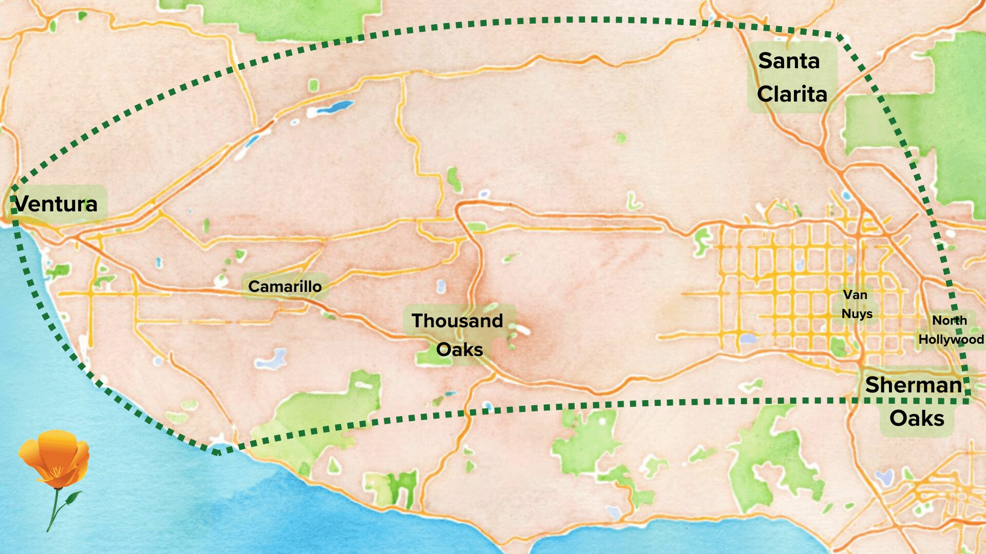 Map showing Ventura, Santa Clarita, Thousand Oaks, Sherman Oaks, and surrounding areas in California.