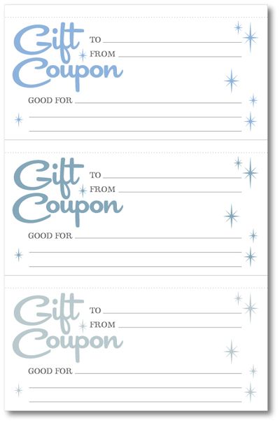 Three gift coupons with space for recipient, sender, and gift details, decorated with stars and snowflakes.