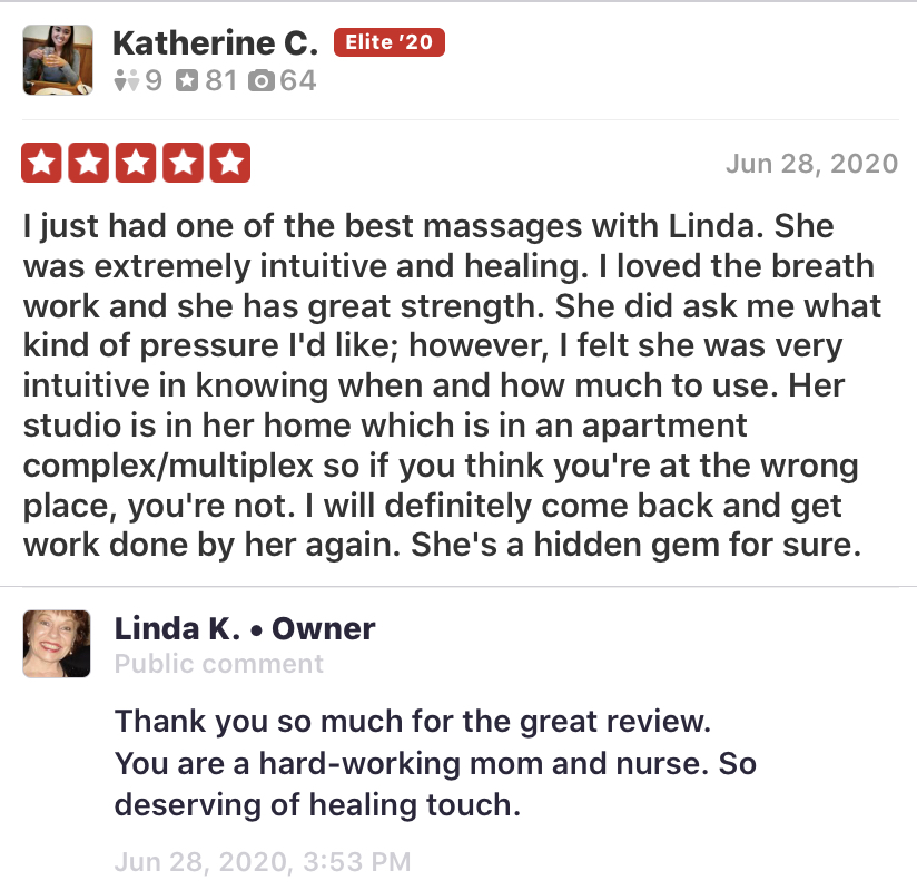 Review of a massage therapist praising her intuition and strength, with a response thanking her for the kind words.