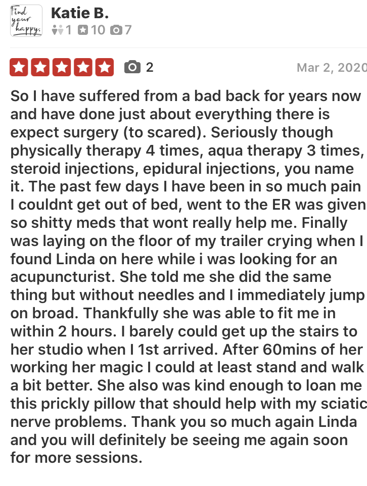 A person describes back pain, surgery, therapy, and recovery, thanking a chiropractor for help and planning future visits.