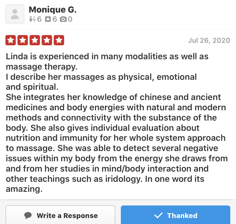 Review praising Linda's holistic massage therapy skills, knowledge, and evaluation abilities, with five-star rating and date June 26, 2020.