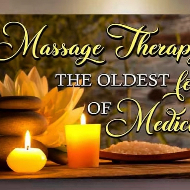 Sign with candles, lotus flower, and text about massage therapy and medicine, in warm tones.