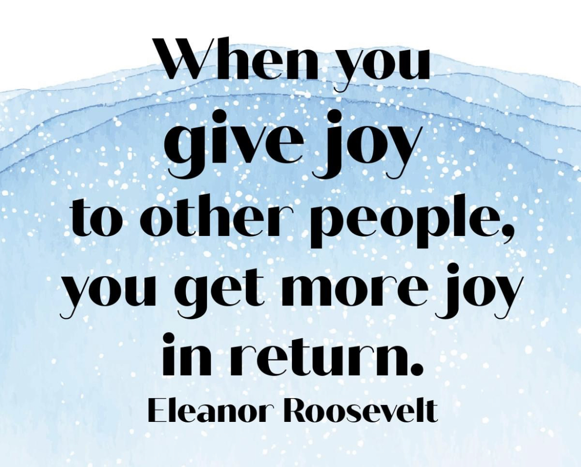 Quote about giving and receiving joy on a blue watercolor background with white specks.