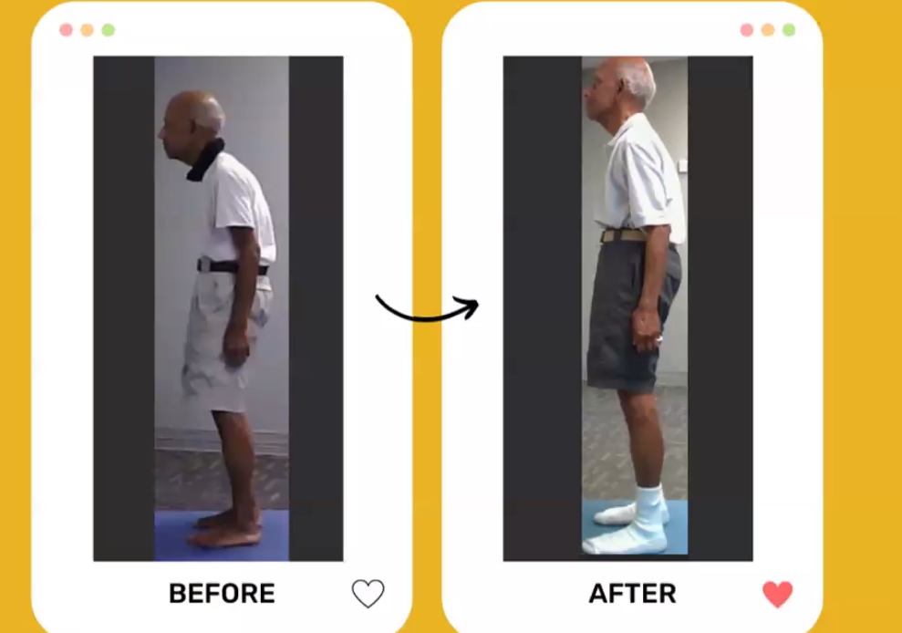 Side view of an elderly man before and after a transformation, wearing different outfits, standing against a plain background.
