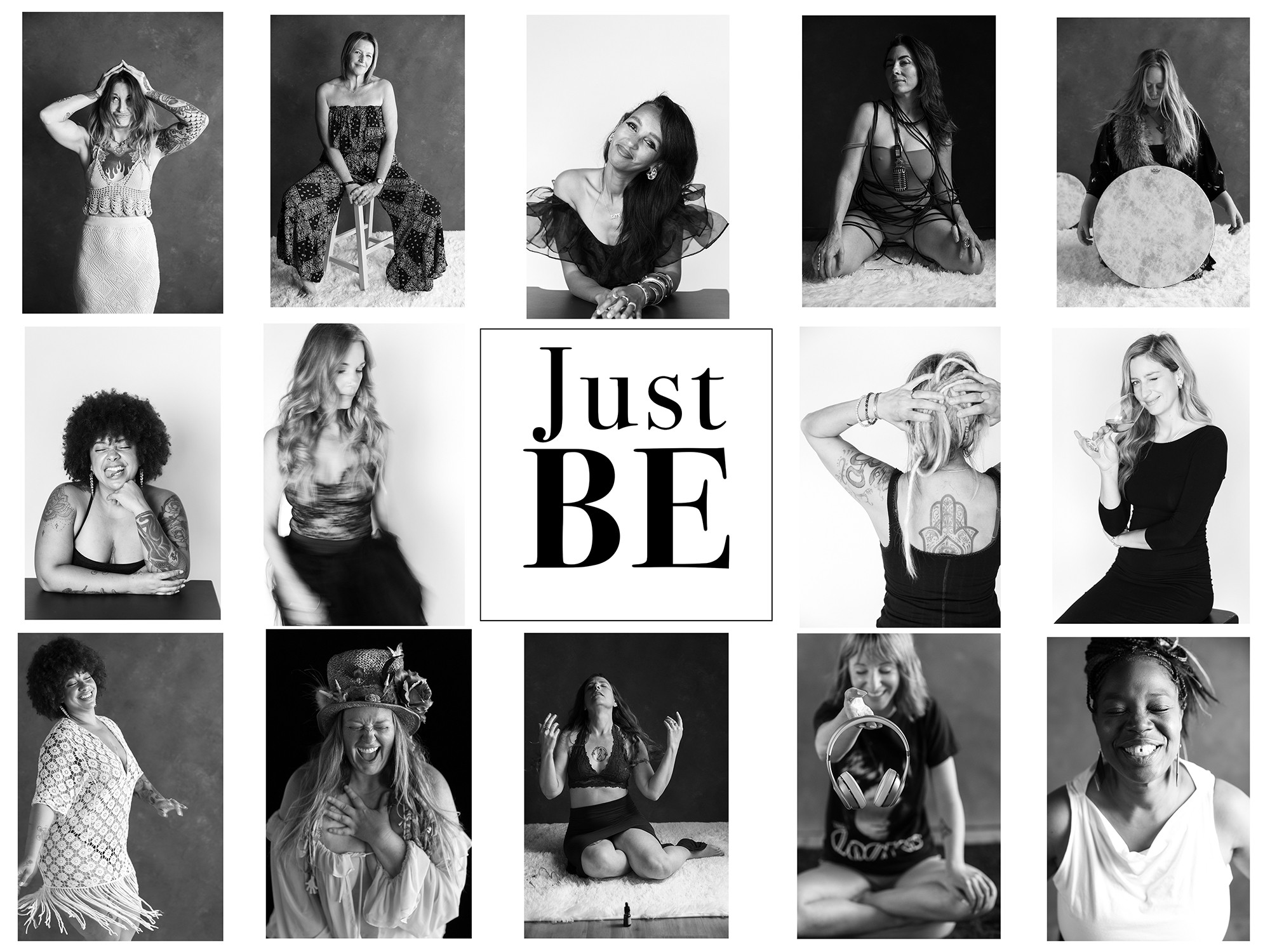 Collage of black and white and color photos of women and girls in various poses, with a central text reading 'Just BE'.