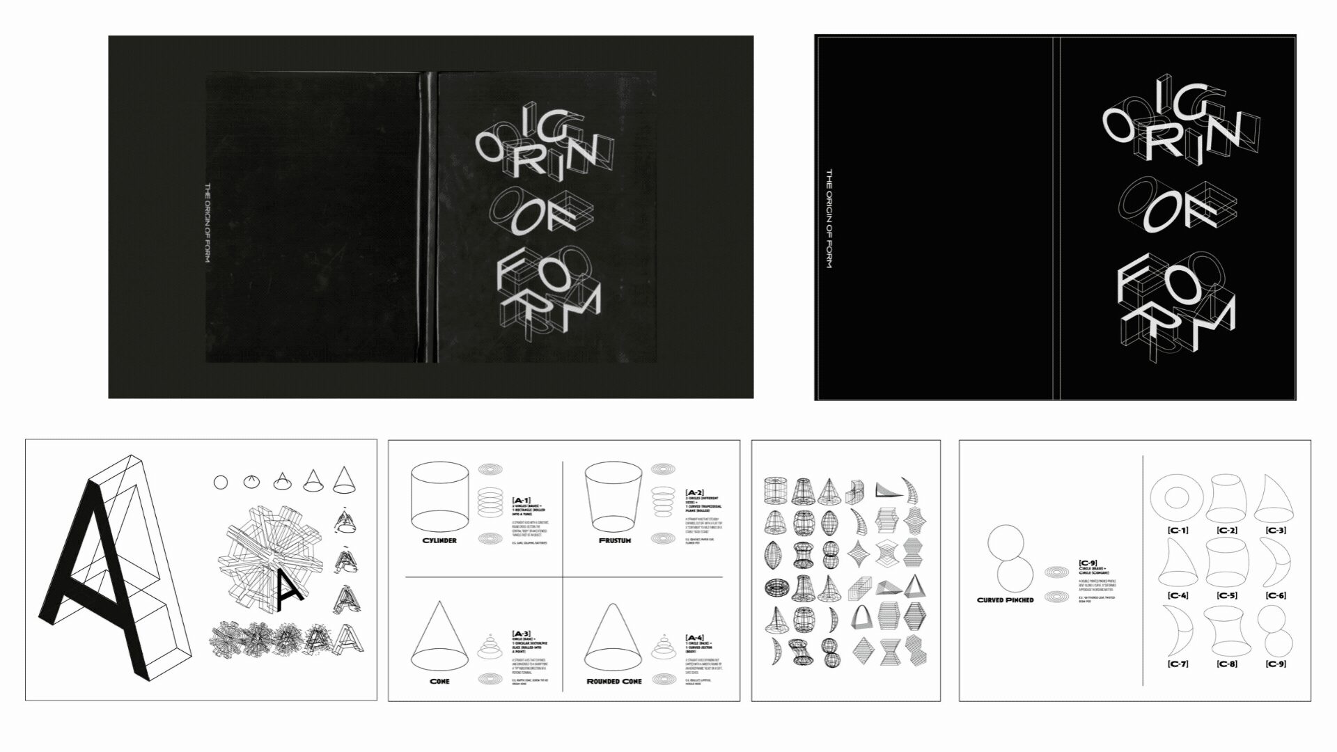 Two black posters with white text and graphics, and four sketches of design elements and typography, including a large letter A.