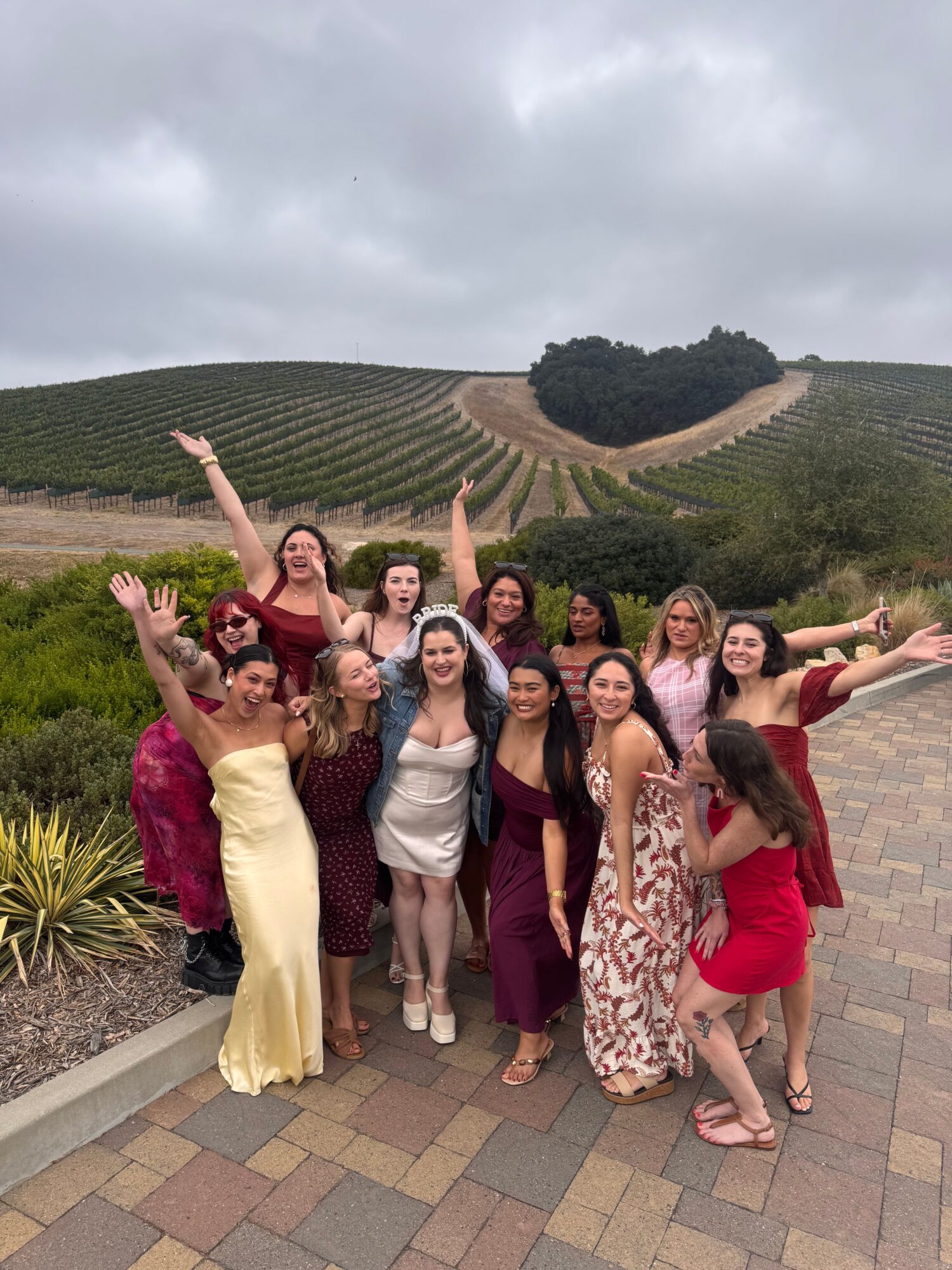 Group of seven women posing outdoors on a paved path with a vineyard in the background, some with arms raised, smiling.