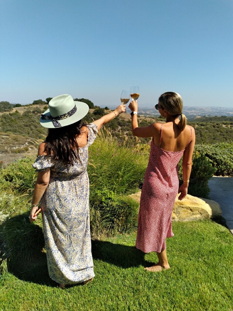 Two women stand outdoors on grass, raising glasses in a toast, with a landscape and blue sky in the background.