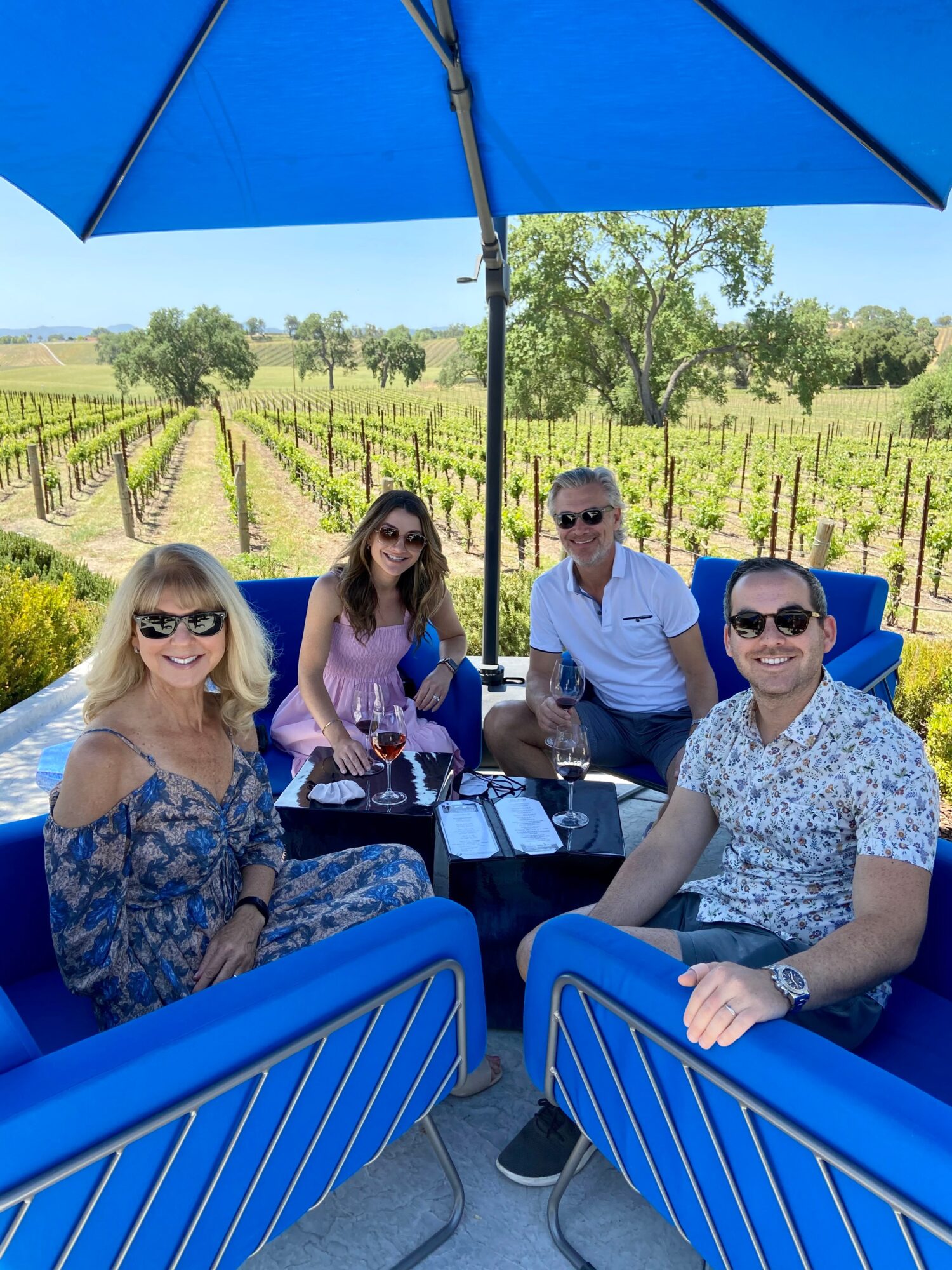 Four people sitting at a table outdoors under a blue umbrella, with a vineyard in the background.