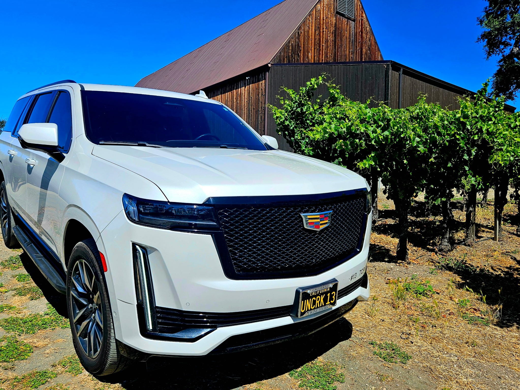 White SUV parked on dirt ground near a wooden barn and green trees under a blue sky.
