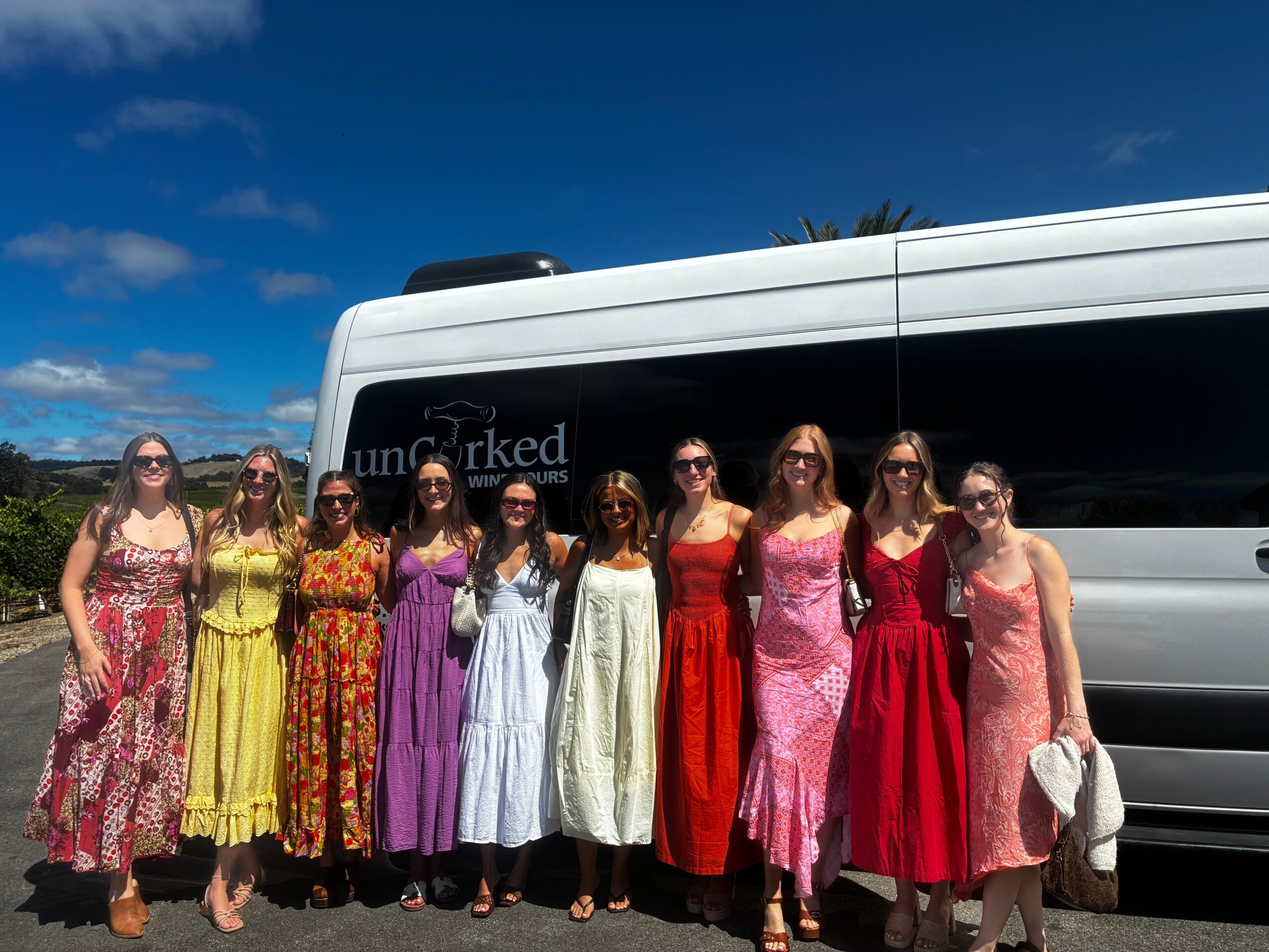 Group of nine women in colorful dresses standing in front of a large bus on a sunny day.