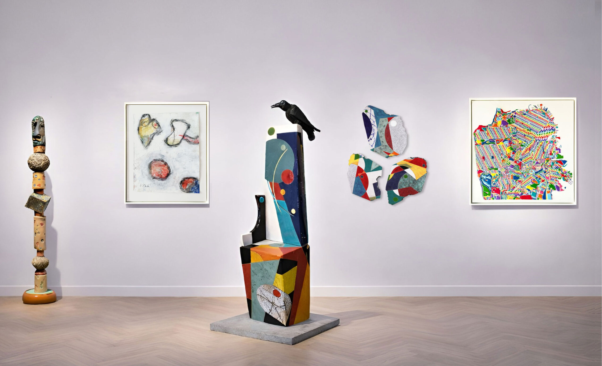 Gallery with abstract paintings and a sculpture on a pedestal, black bird sculpture on top, white wall background.