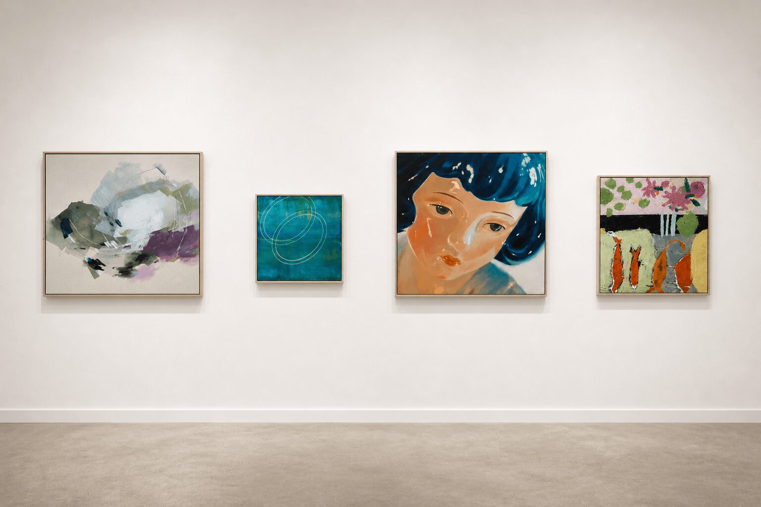 Four paintings hung on a white gallery wall, with a beige floor below, featuring abstract, portrait, and patterned art.