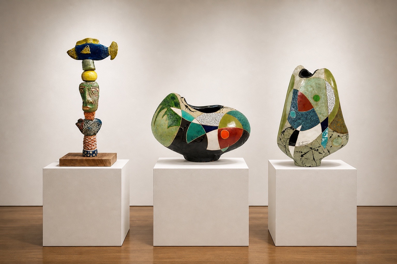 Three abstract sculptures on white pedestals in an art gallery, with a plain background and wooden floor.