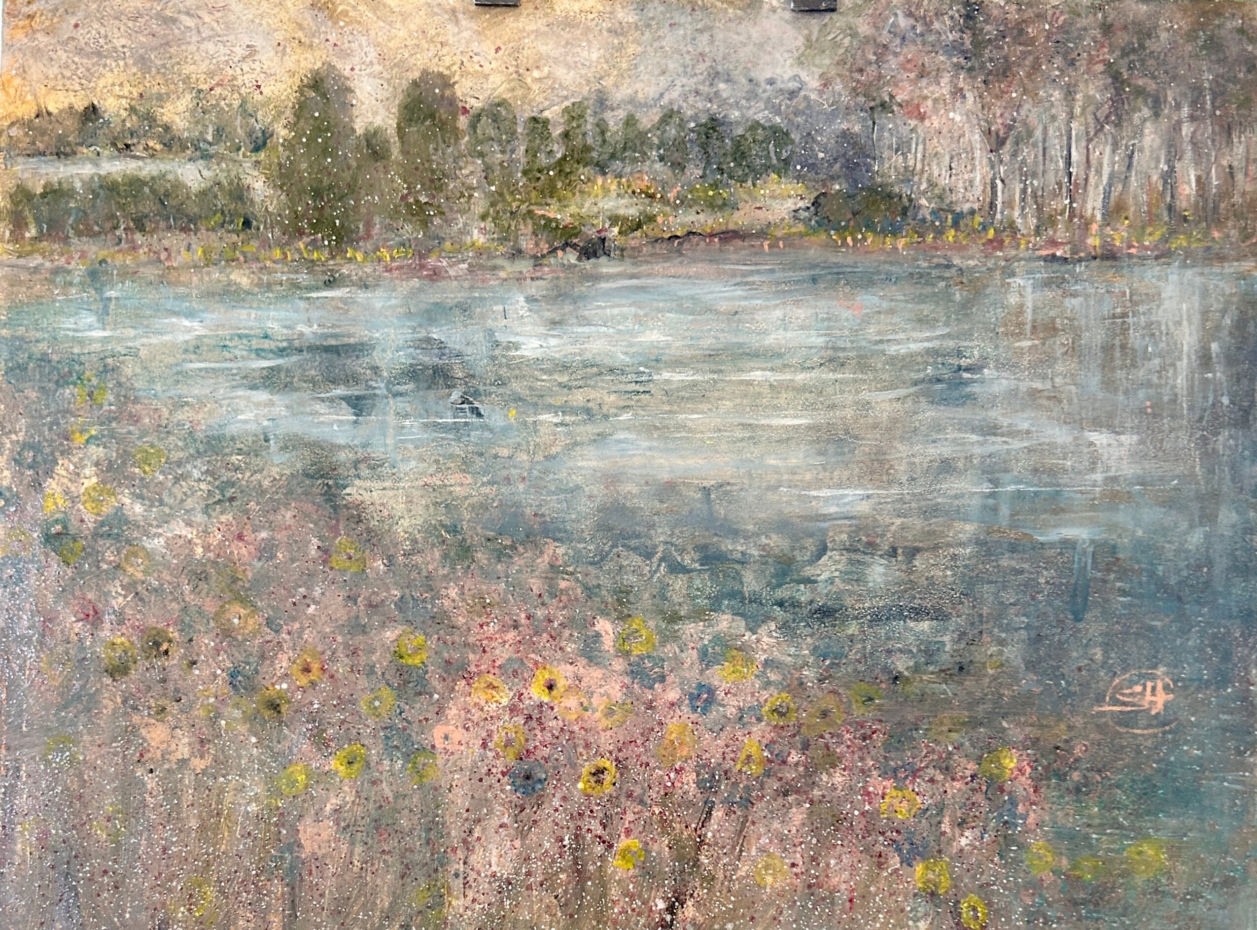 A painting of a river with a grassy bank and trees in the background, featuring soft colors and textured brushstrokes.