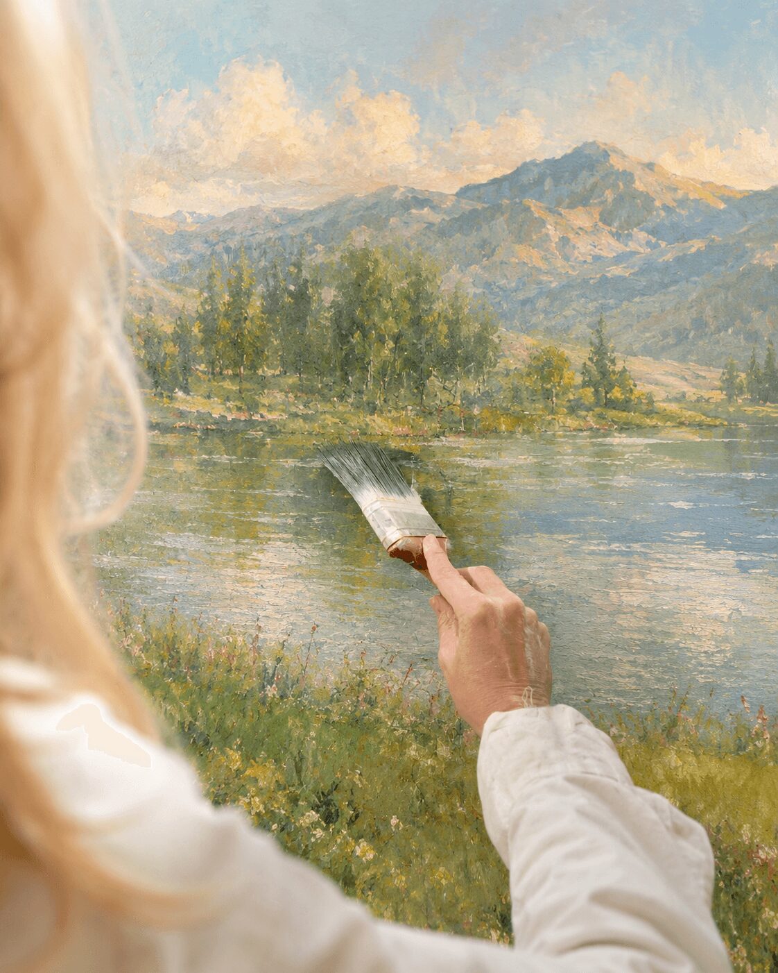 Person with blonde hair in white sleeve painting a landscape with a river, trees, and mountains in the background.