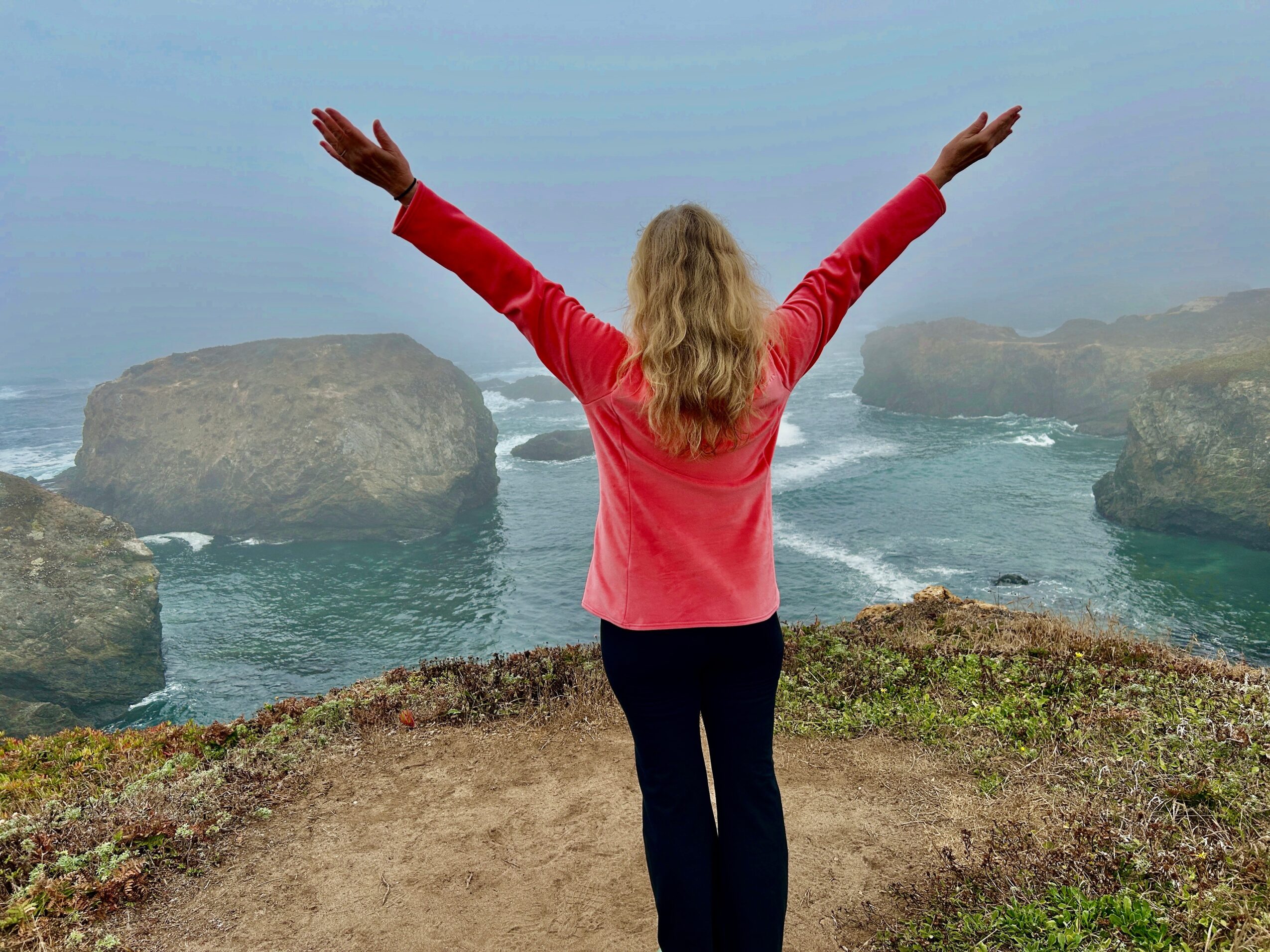 Person with blonde hair in a red jacket and dark pants stands on a cliff with arms raised, overlooking the ocean and rocks.