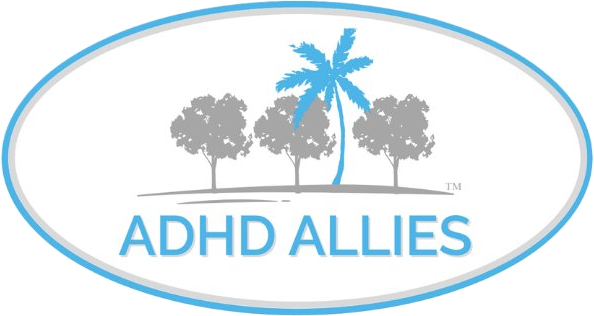 Logo with three trees, one with a blue palm, and the text 'ADHD ALLIES' below, on an oval background.