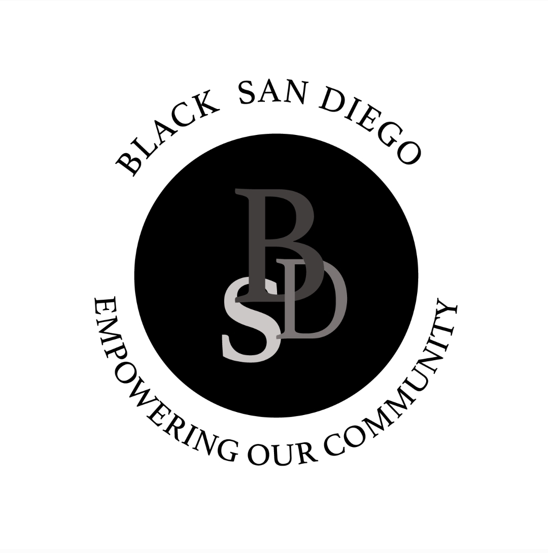 Logo with black circle, text 'Black San Diego' above, 'Empowering Our Community' below, and overlapping initials 'B', 'S', 'D' in the center.