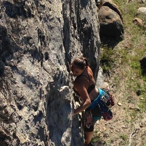 Person climbing a rocky outdoor wall with climbing gear, surrounded by grass and rocks.