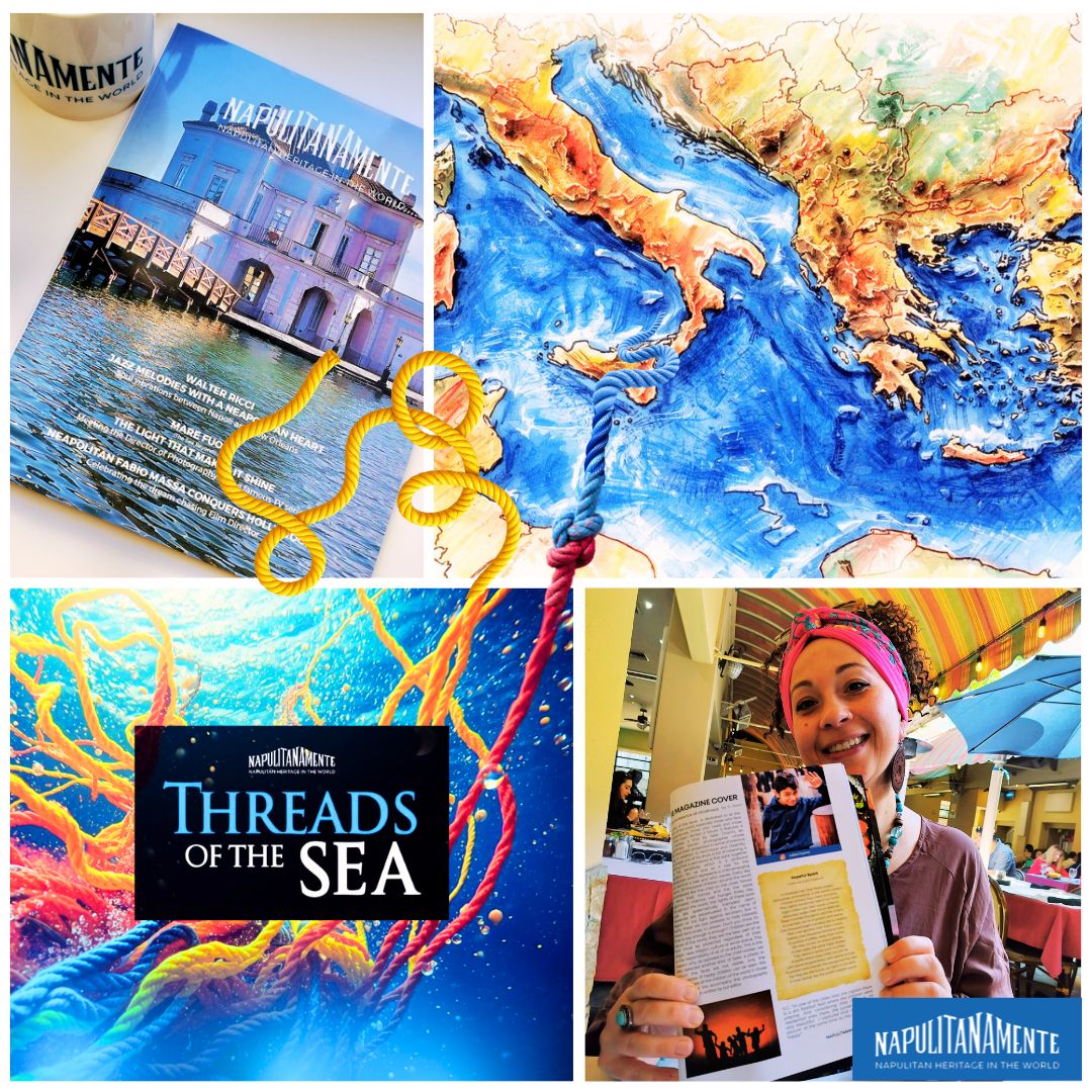 Collage of four images: a magazine cover, a colorful map, a book titled 'Threads of the Sea,' and a smiling woman holding a magazine.