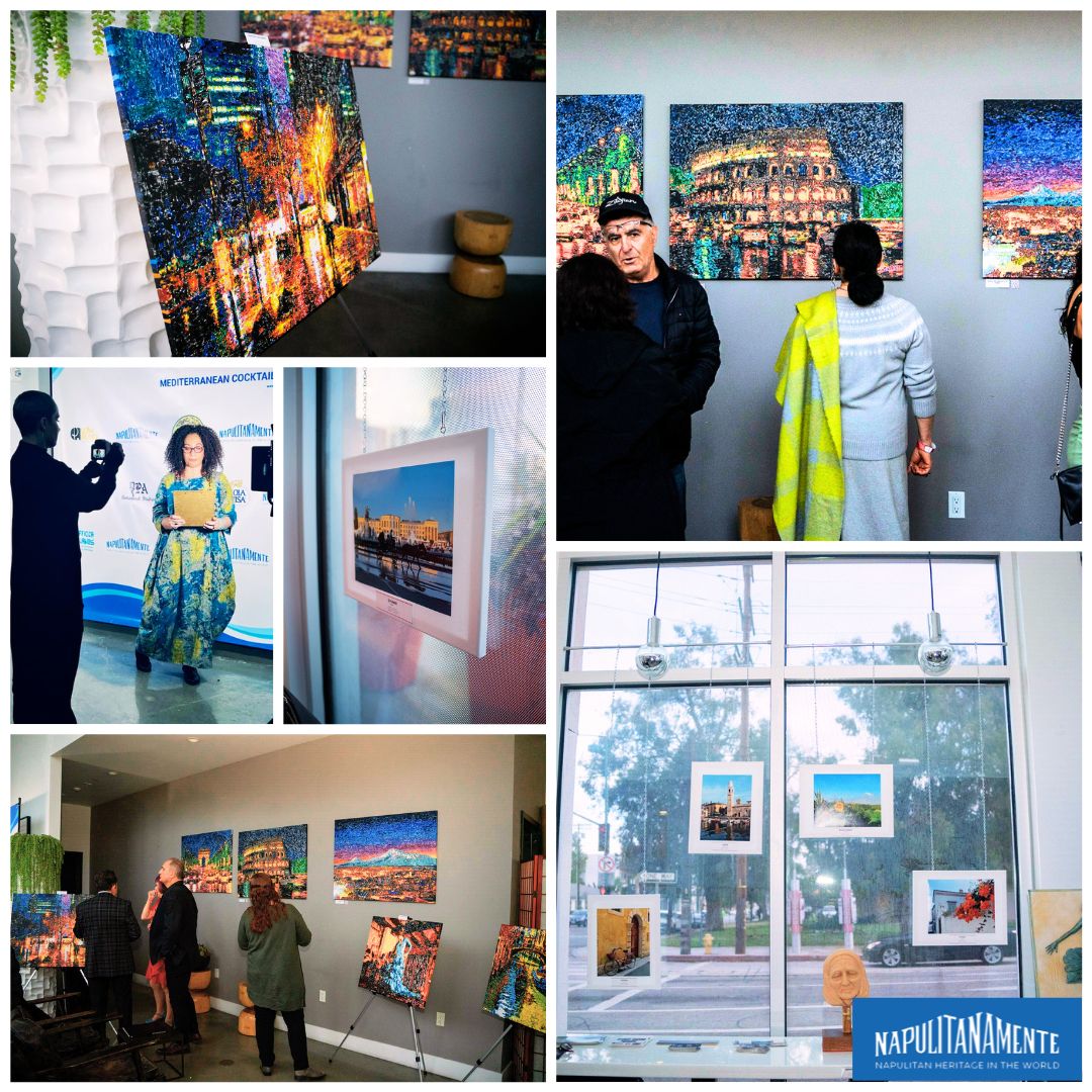 Gallery with paintings, people viewing art, and a window display, featuring various artworks and visitors. Word count: 20.