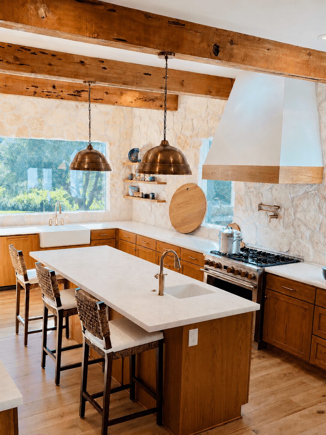 Kitchen with wooden beams, large window, island with sink, and hanging pendant lights, featuring wooden cabinets and a stove.