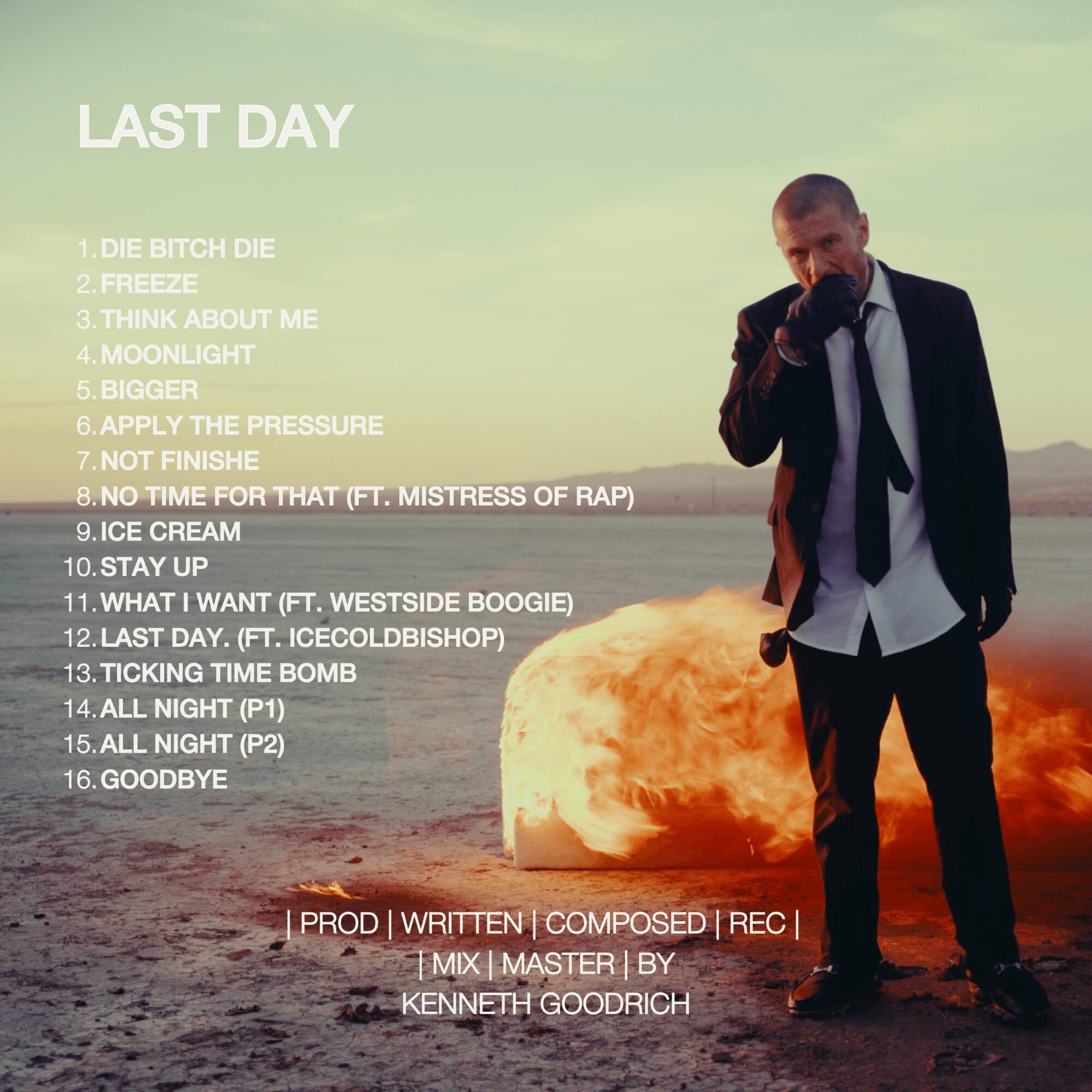Man in a suit standing on a beach with fire behind him, list of song titles on the left, sunset sky in background.