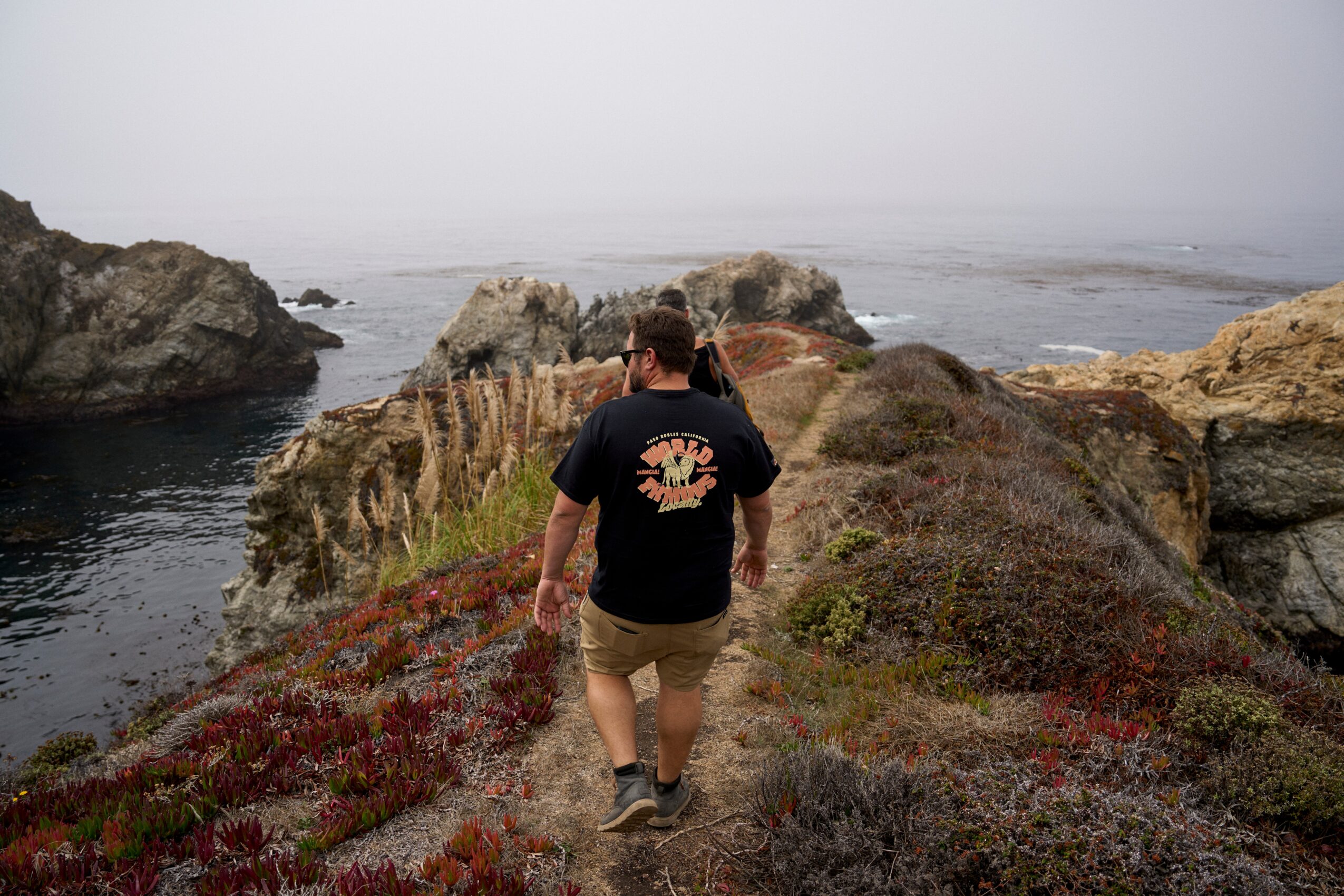 Person walking along rocky shoreline with water and foggy sky in background, wearing a black T-shirt and khaki shorts.