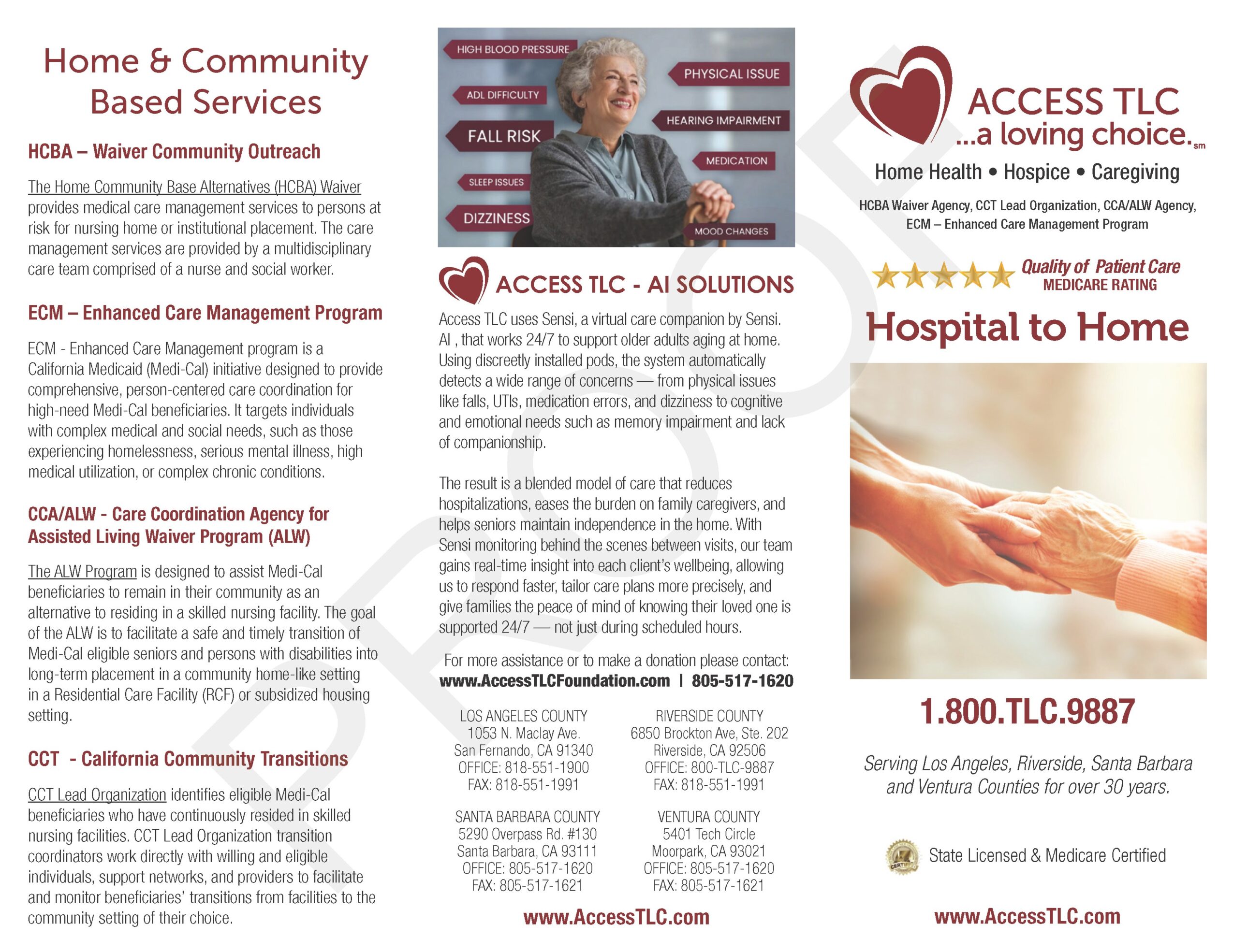 Various healthcare and community service flyers, including hospital to home, hospice, and medical services, with hands holding a heart.