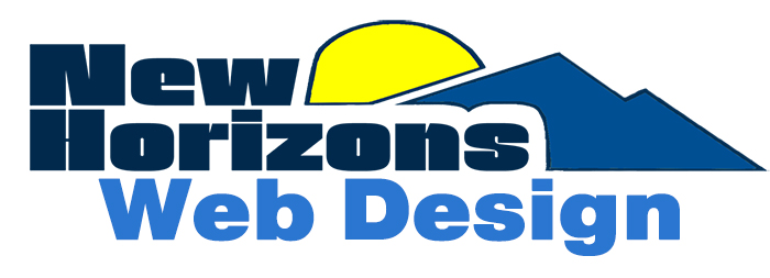 Logo with text 'New Horizons Web Design' and a mountain and sun graphic.