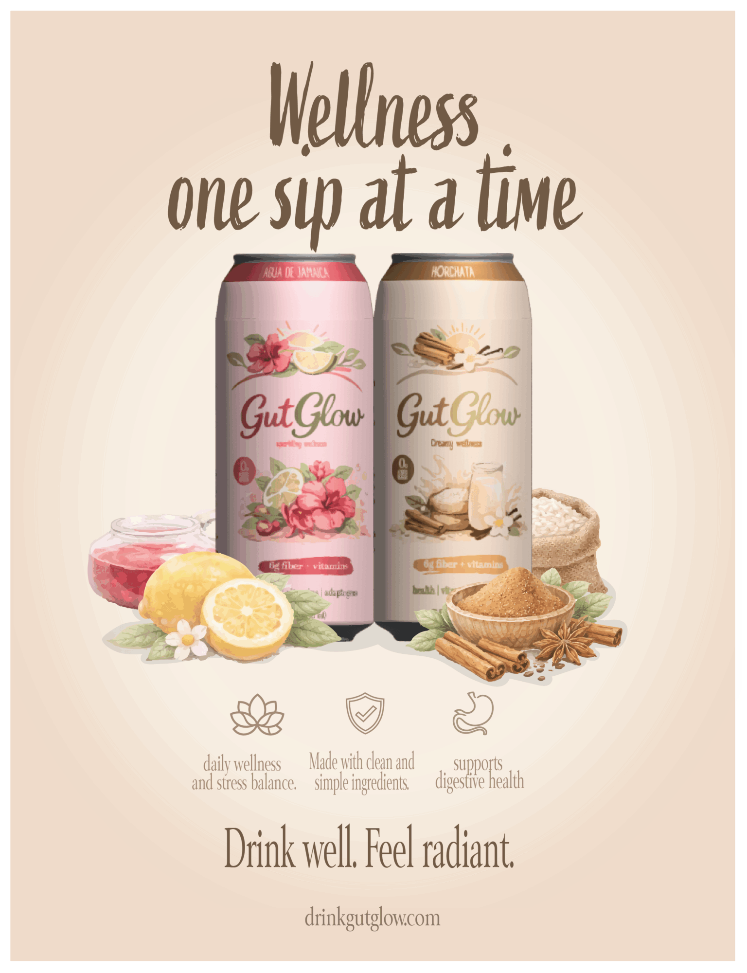 Two cans of GutGlow drinks with lemon, honey, and ginger ingredients, promoting wellness and radiance.