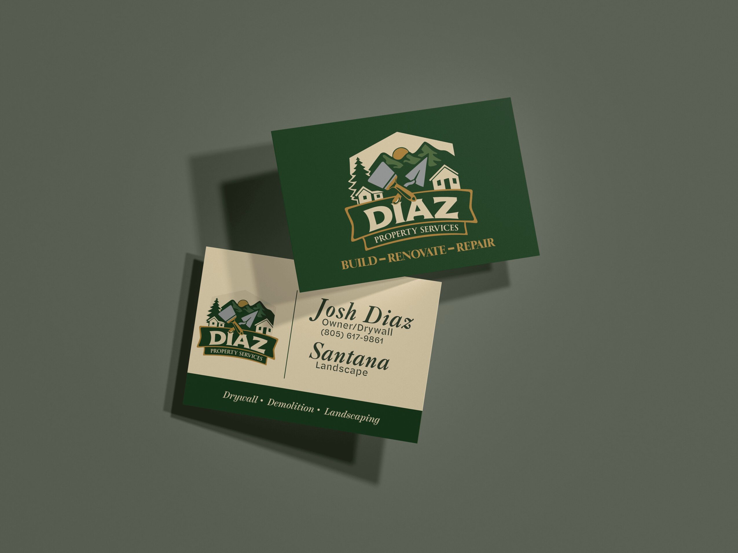 Business card with green and white design, displaying a mountain logo and the name 'DIAZ' with contact details.