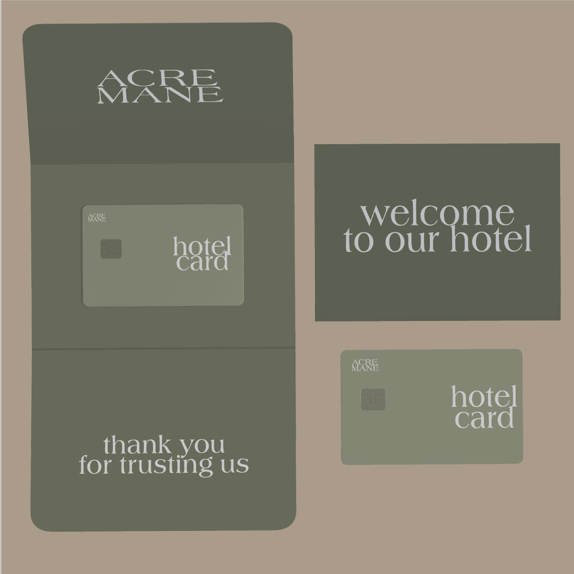 Hotel key card and a welcome sign on a beige surface, with text about trusting and hotel services.