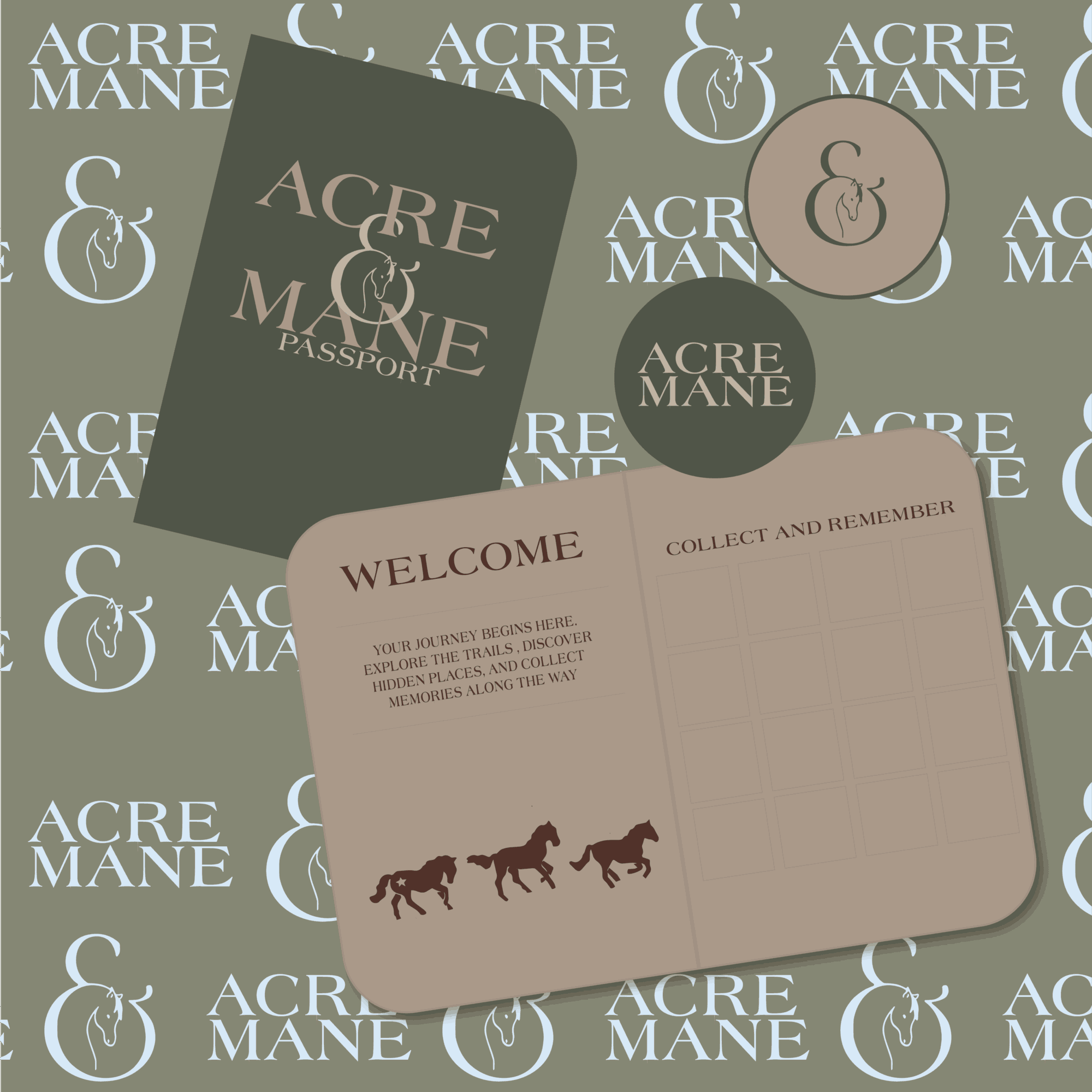 A beige welcome card with three horses and space for notes, on a background with 'Acre & Mane' logo pattern.