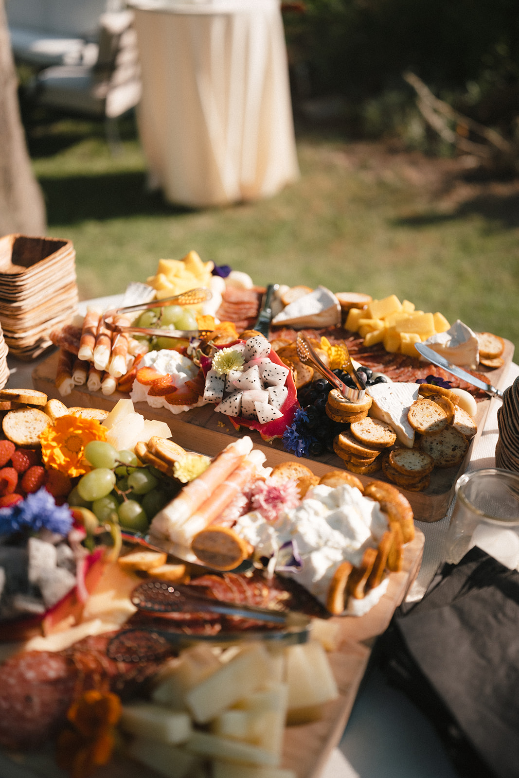Assorted desserts and snacks on a table outdoors with a blurred background of a table and greenery.