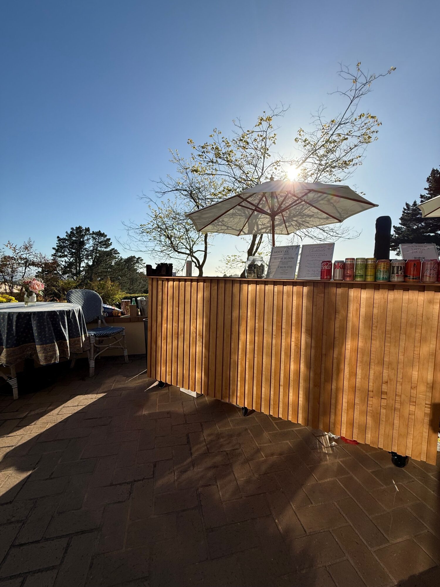 Sunlight shines through a tree with budding leaves, a wooden fence, and a paved outdoor area with a table and chairs.