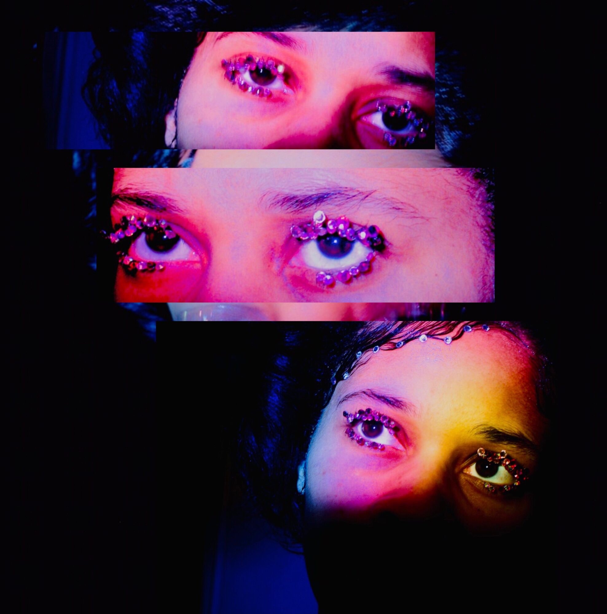 Close-up of a person's eyes with colorful lighting and makeup, multiple overlapping images creating a layered effect.