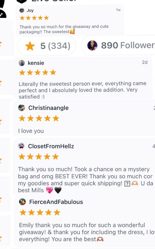 Screenshot of a social media review section with five reviews, five-star ratings, and follower count, all in text form.