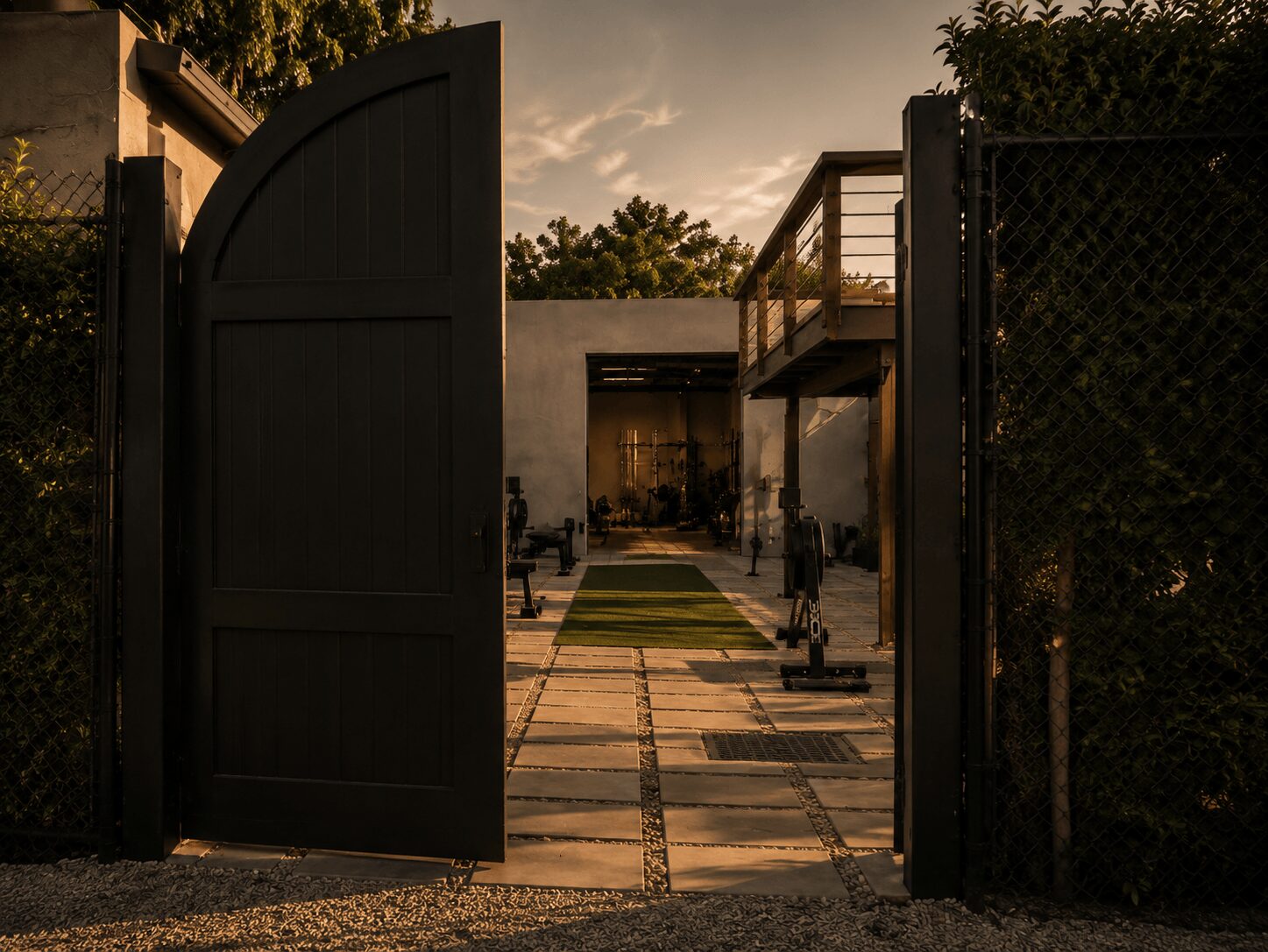 Open black gate leading to a courtyard with a pathway, benches, and trees, under a partly cloudy sky.