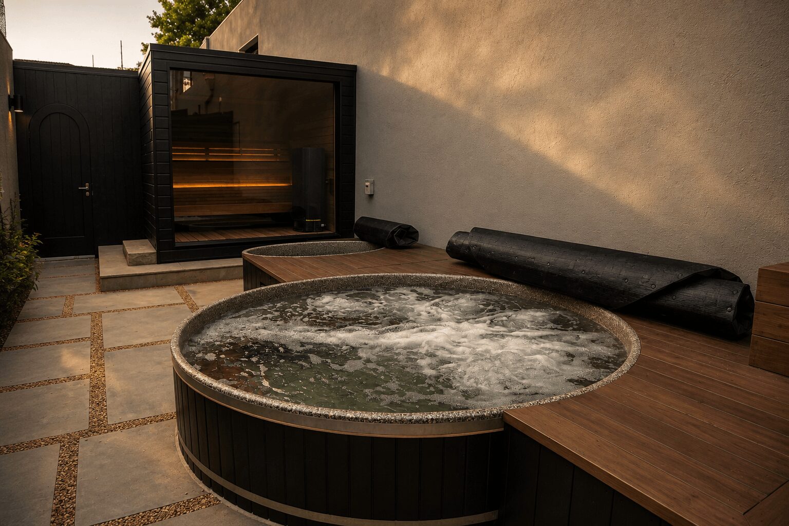Hot tub filled with bubbling water on a wooden deck outdoors, with a small outdoor fireplace and a rolled-up mat nearby.