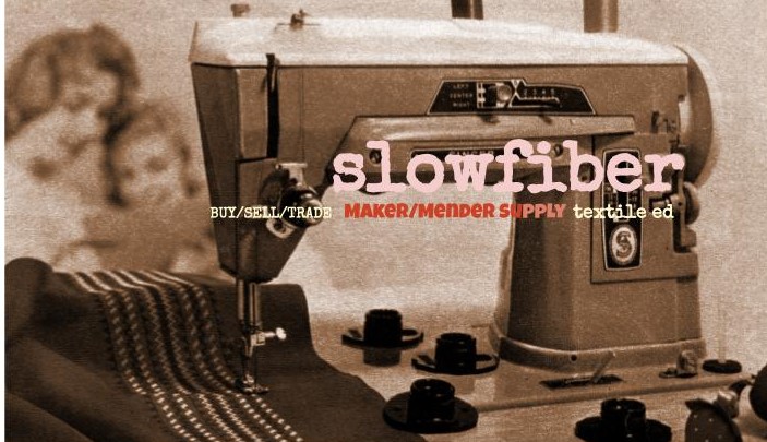 Textile machine with fabric and blurred person in background, vintage style, black and white, pink and red text overlay.