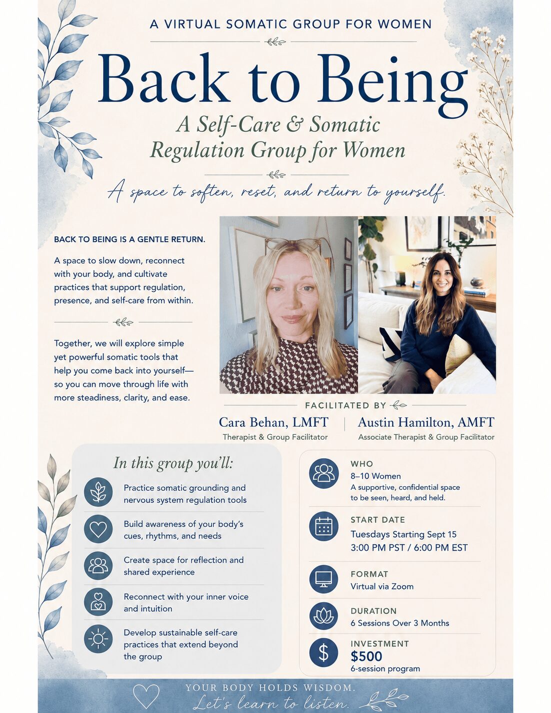 Book cover titled 'Back to Being' with two women, one with blonde hair and one with dark hair, in a room with plants and a window.