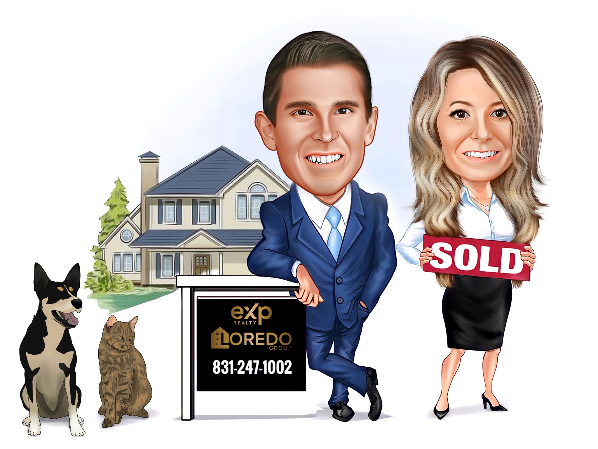 Caricature of a man in a suit and a woman holding a sold sign, with a house, dog, cat, and real estate sign in background.