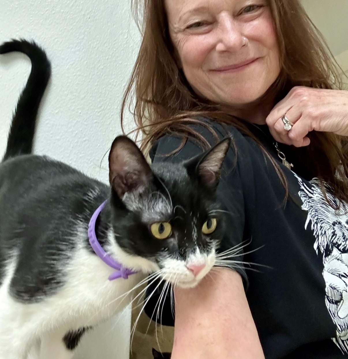 Woman smiling with a black and white cat wearing a purple collar, both looking to the side.