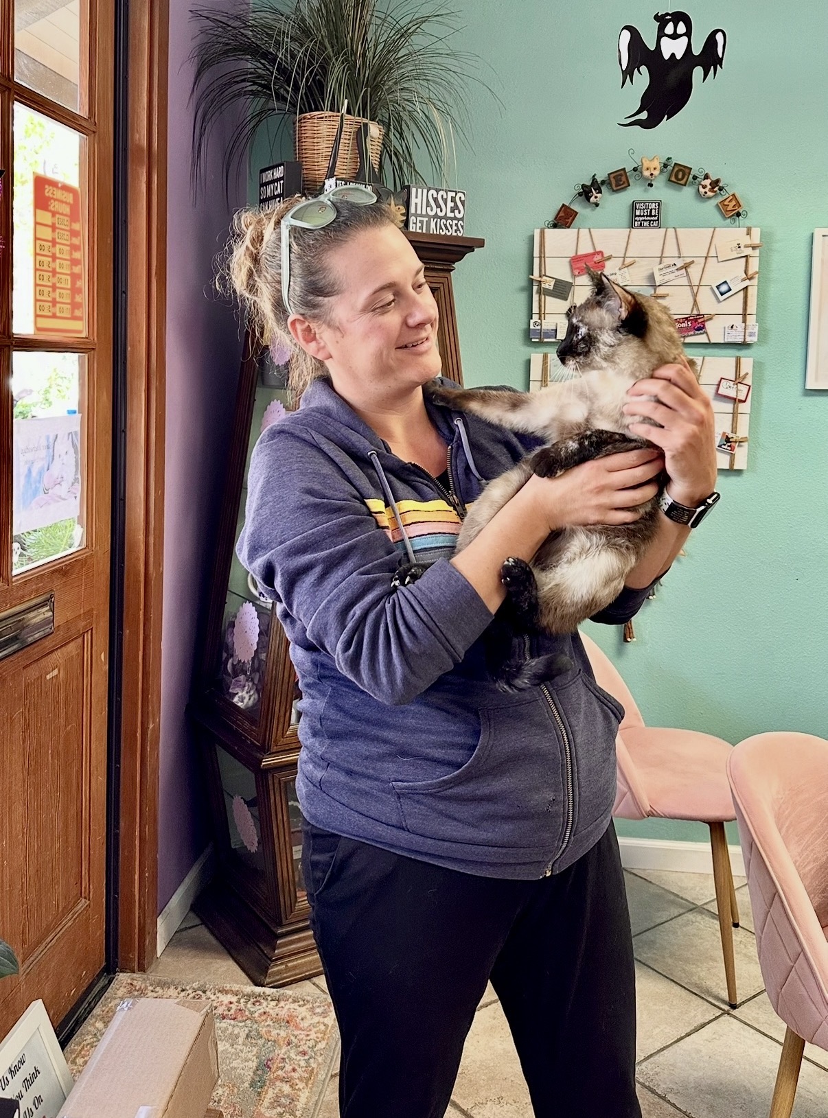 Woman holding a fluffy cat indoors, smiling, with colorful wall decorations and a window in the background.