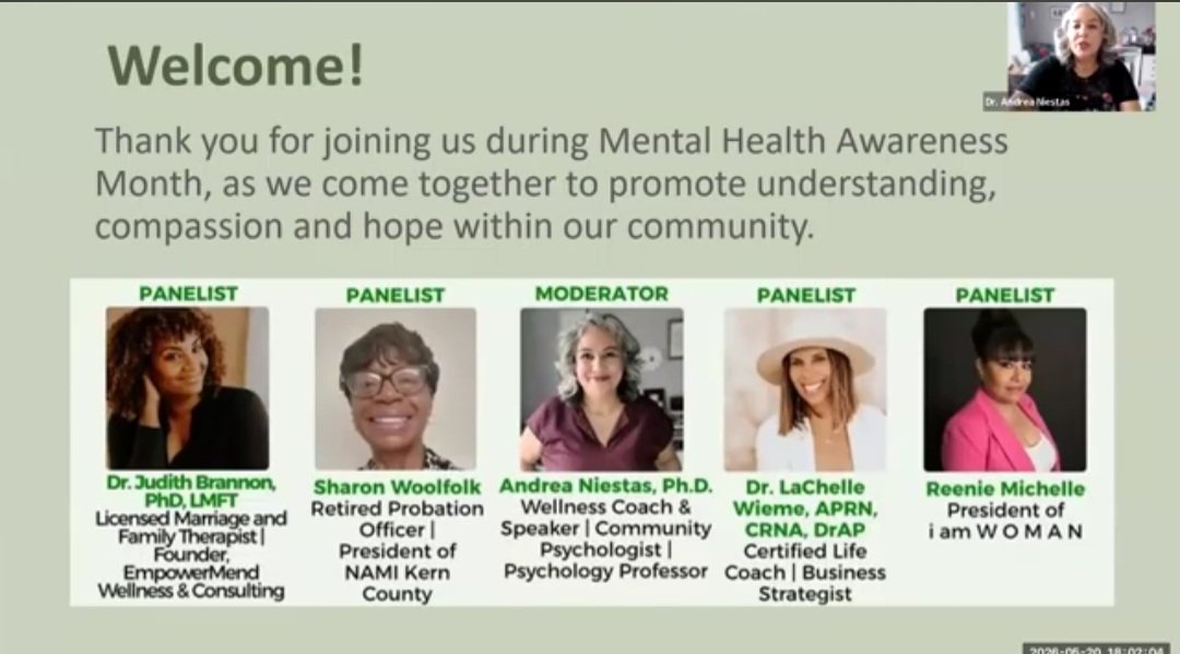 Green banner with text about Mental Health Awareness Month and four panelists' photos and titles.