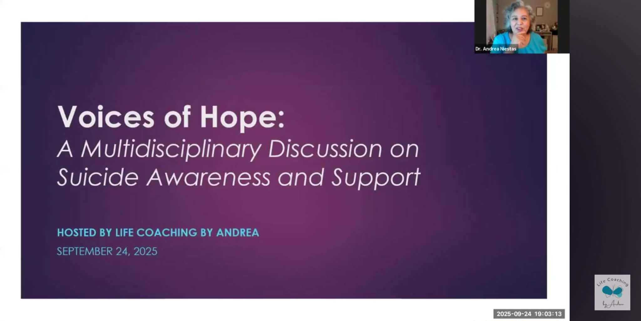 Presentation slide titled 'Voices of Hope: A Multidisciplinary Discussion on Suicide Awareness and Support' with purple background.
