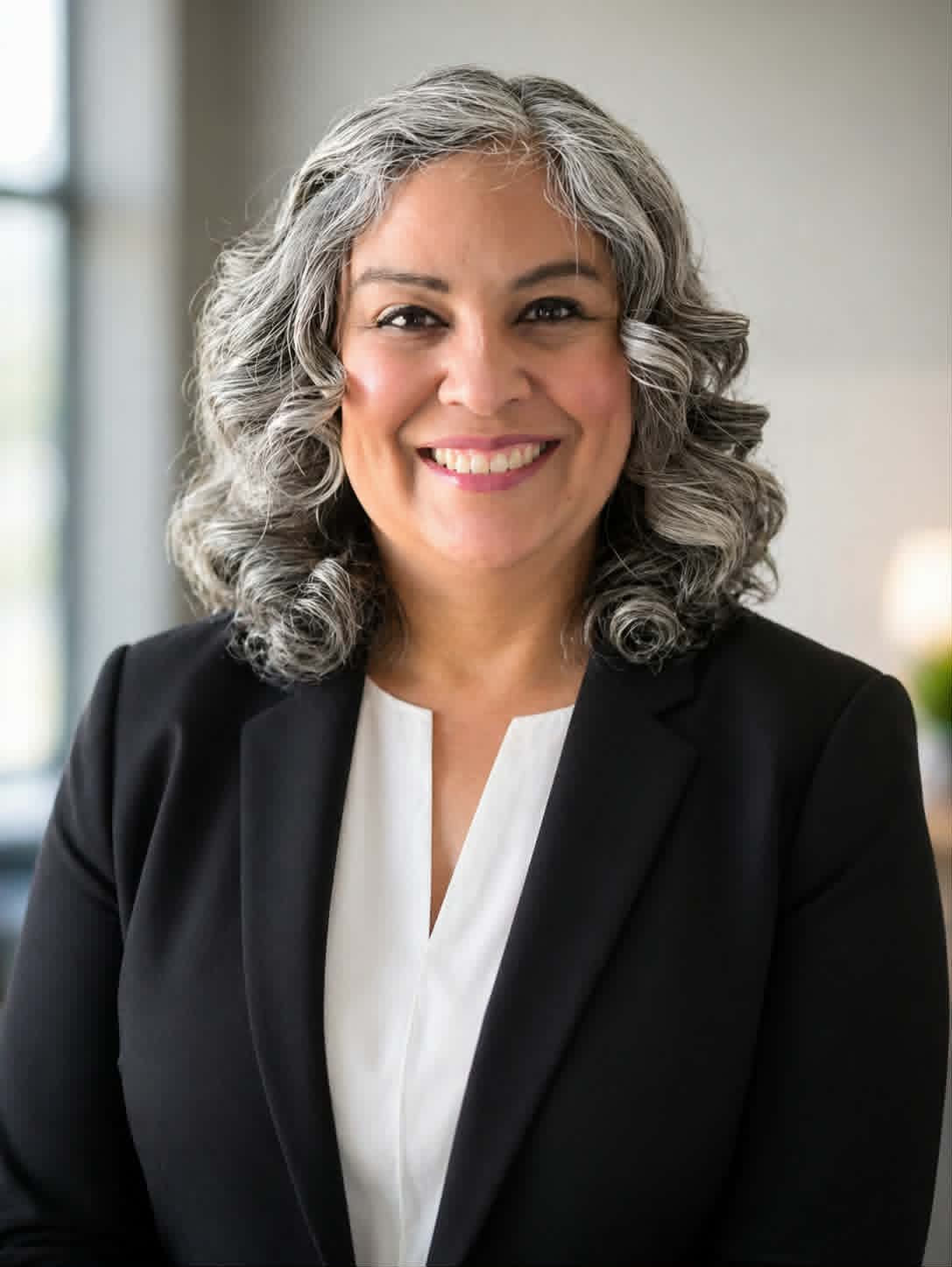 Portrait of a smiling woman with curly gray hair, wearing a black blazer and white blouse, indoors with a blurred background.