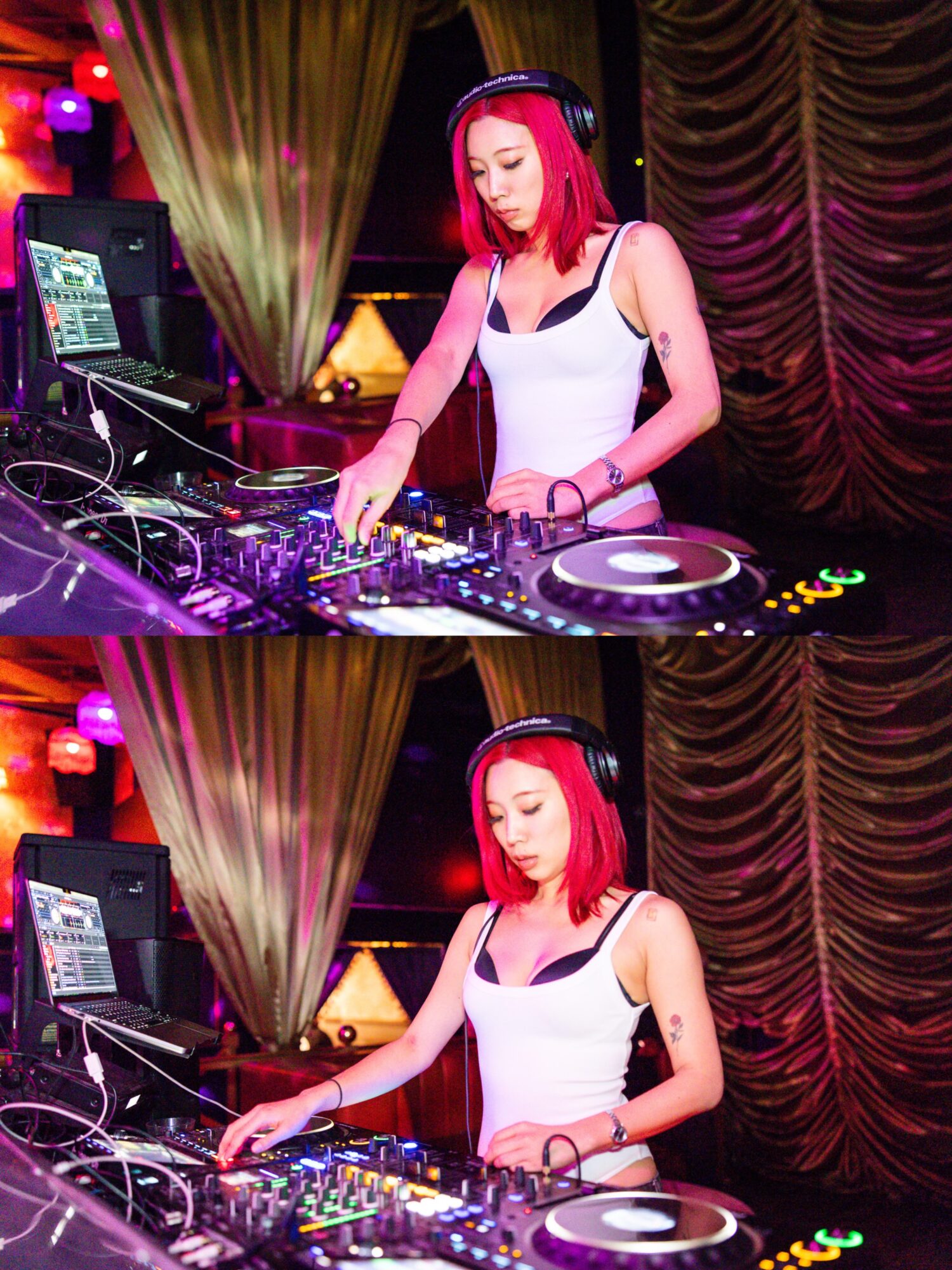 Female DJ with red hair wearing headphones, operating DJ equipment in a colorful club setting.